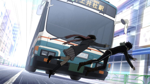 image of hiyori pushing yato out of the path of a bus