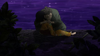 Image of Heizo holding Ojun after she falls in the river