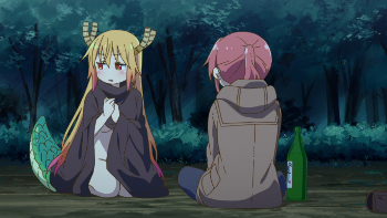 Tohru having some sake with Kobayashi in the woods