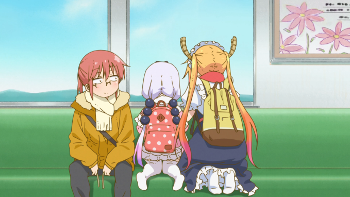 Image of Kobayashi, with Tohru and Kanna looking out a train window