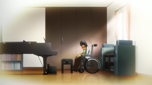 Saki in her wheelchair holding Kousei in her lap as he smiles