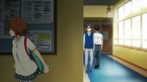 Tsubaki turning to go the other way as Kousei approaches a hallway corner at school