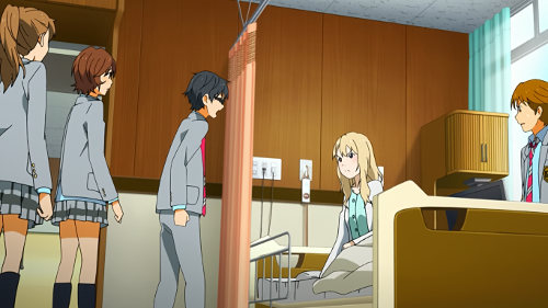 Kaori and Kousei having an argument in her hospital room while everyone looks on