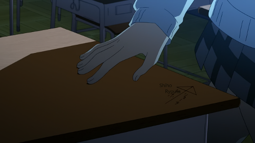 Kaori sliding her hand along a desk that has the names Shiho and Ryouta on it