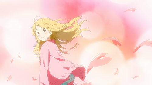 A picture of Kaori with cherry blossoms all around, lighting up with color
