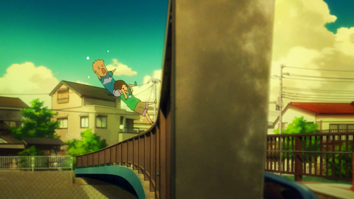 Image of Tsubaki shoulder dropping Kousei off the bridge