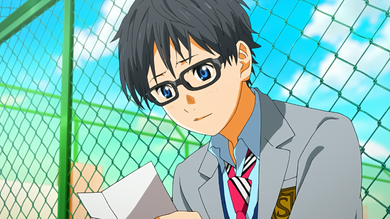 Kousei smiling softly as he reads a letter